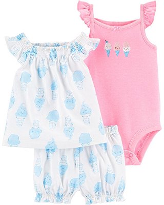 Conjunto Carter’s 3 Peças – Body + Blusa + Short com Elástico nas Pernas - Ice cream