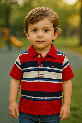 Camisa Polo Infantil Tommy Hilfiger em Algodão – Listrada/ Vermelho