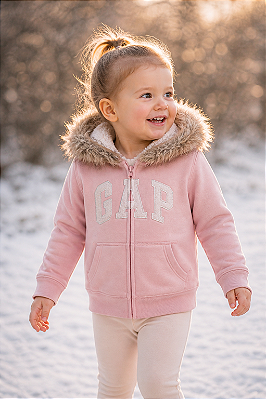 Agasalho Infantil GAP de Moletom Sherpa com Capuz, Zíper e Bolso Canguru - Rosa