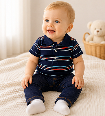 Conjunto Carters - Body gola polo e calça jeans - Listrado