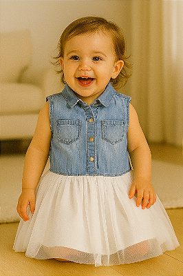 Vestido Infantil OshKosh Jeans com Saia de Tule – Ideal para Batizado e Festas