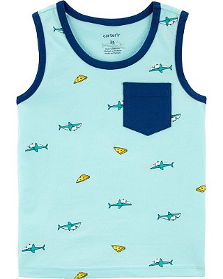 Camiseta Carter's, regata, em algodão - Pizza e tubarão