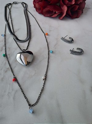 Conjunto Grafite Coração - Colar e Brinco