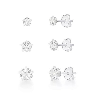 Trio Brincos Zircônias Estrela  Transparente  Prata 925 3/4/5mm