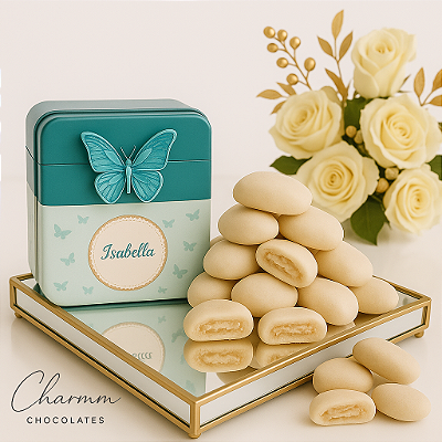 Kit com 20 Latinhas Personalizadas com Bolachinhas Paradise – Ninho, Cacau ou Mista