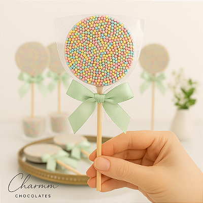 Pirulito de Chocolate Drageado com Confeitos Coloridos – Personalizado (30 unid.)
