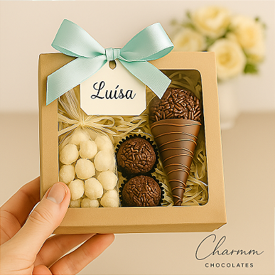Caixa Mini Charme | Presente Gourmet com Pipoca, Brigadeiros e Cone Trufado