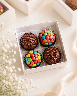 Caixa Gourmet com 4 Brigadeiros Belgas | Brinde Corporativo Premium (50 unid)