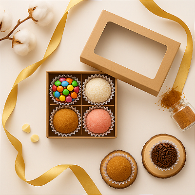 Caixa Gourmet com 4 Brigadeiros Belgas | Brinde Corporativo Premium (50 unid)
