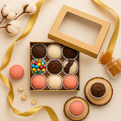 Caixa Gourmet com 9 Brigadeiros Belgas | Brinde Corporativo Premium (50 unid)