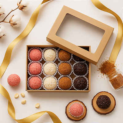 Caixa Gourmet com 12 Brigadeiros Belgas | Brinde Corporativo Premium (50 unid)