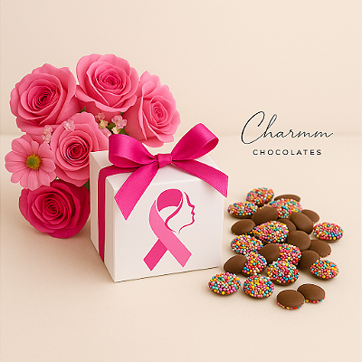 Caixinha com Drágees de Chocolate Gourmet | Outubro Rosa Corporativo
