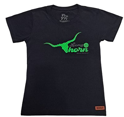 Camiseta  Feminina  Long Horn Preta com Verde