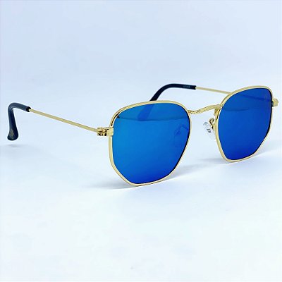 ÓCULOS DE SOL HEXAGONAL MIAMI - AZUL BEBE ESPELHADO C/ DOURADO