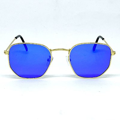 ÓCULOS DE SOL HEXAGONAL MIAMI - AZUL ESCURO ESPELHADO C/ DOURADO