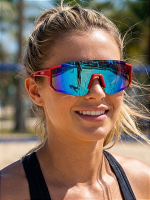 ÓCULOS DE SOL ESPORTIVO ICE - VERMELHO COM AZUL ESPELHADO