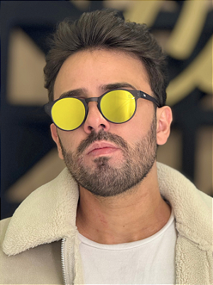 Óculos de Sol Round - Preto c/ Amarelo Espelhado