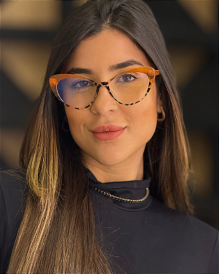 Óculos Gatinho Vitoria - Laranja C/ Animal Print (Anti Blue)