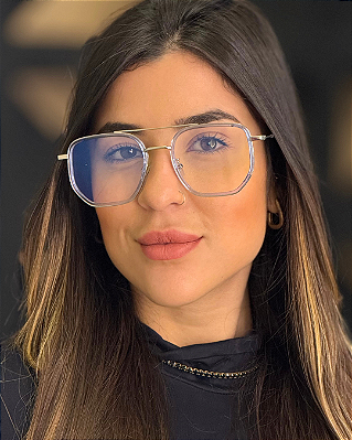 Óculos Hexagonal Stark - Azul c/ Dourado (Anti Blue)