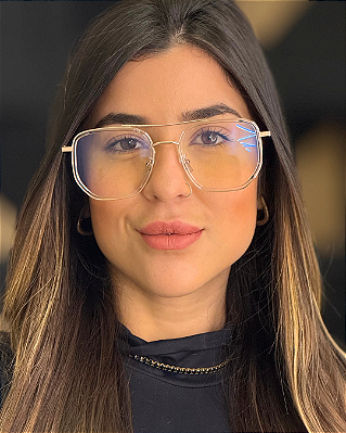 Óculos Hexagonal Stark - Transparente c/ Dourado (Anti Blue)