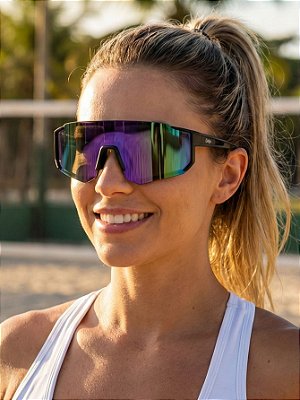 Óculos De Sol Esportivo Ice - Preto c/ Roxo Camaleão Espelhado
