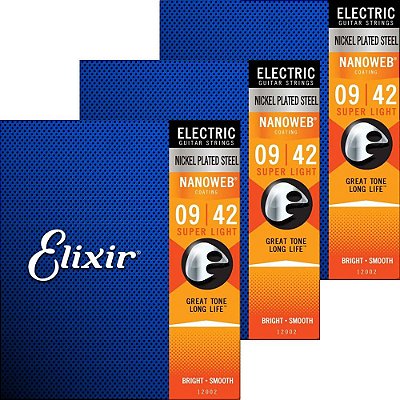 3 Encordoamentos Guitarra Elixir 009-042 Nanoweb Super Light 12002
