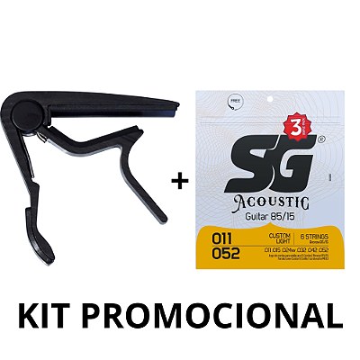 PROMO - Capotraste Dolphin + Encordoamento Violão SG 011-052 Bronze 85/15 Custom Light - Pack com 3 unidades