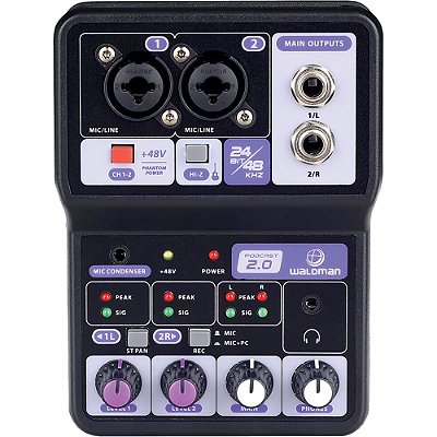 Mesa de Som Waldman PODCAST 2.0 - mixer portátil 2 canais com interface de áudio
