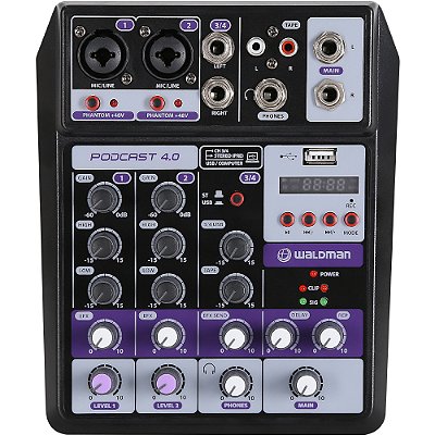 Mesa de Som Waldman PODCAST 4.0 - mixer portátil 4 canais com interface de áudio