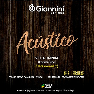 Encordoamento Viola Caipira Giannini 011-034 Cebolão Ré Acústico Bronze 65/35 Tensão Média GESVAM