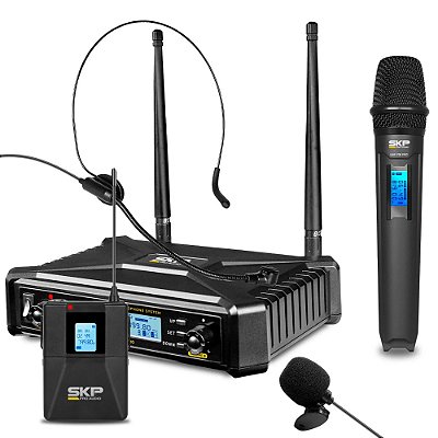 Microfone Sem Fio UHF SKP UHF700 Dinâmico de Mão e Bodypack c/ lapela e Headset