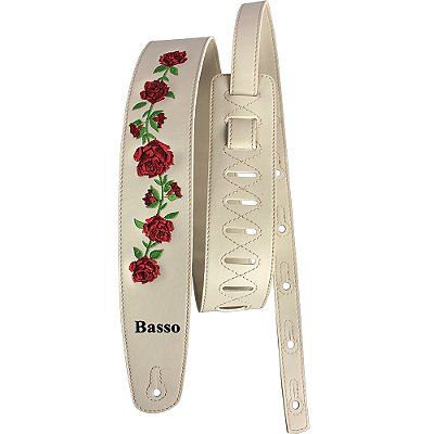 Correia Basso VT FL 03 Couro Sintético Bordada Floral Bege 7cm p/ Guitarra Baixo Violão