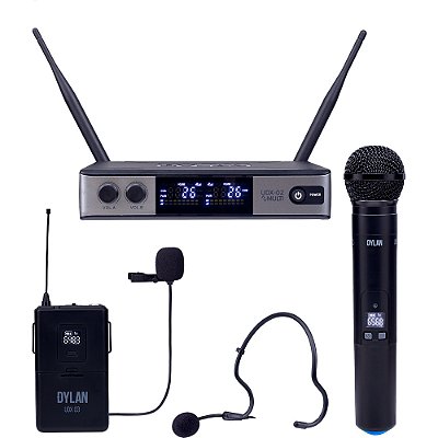 Microfone Sem Fio UHF Dylan UDX-05 MULTI 1 Bastão + 1 Bodypack - Headset - Lapela - Transmissor p/ Instrumento