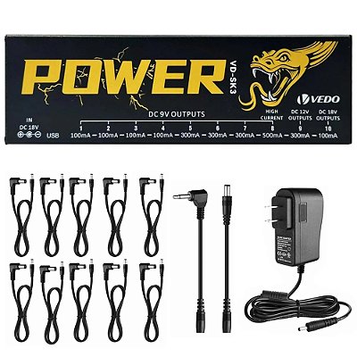 Fonte p/ Pedais Vedo VD-SK3 - Isolada - p/ 10 pedais - 9V 12V 18V DC - 2200mA