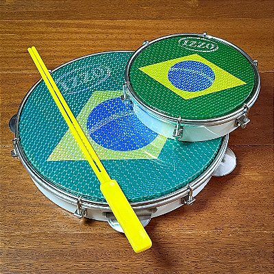 Kit Copa do Mundo Branco Pandeiro 10" ABS Brasil + Tamborim 6" ABS Brasil + Baqueta Dupla - Izzo