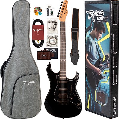Kit Guitarra Tagima Box TG-520 BK Black - HSS - c/ Amplificador Correia Afinador Palhetas Cabo Capo e Bag