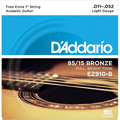Encordoamento Violão D'Addario 011-052 EZ910-B Light 85/15 Bronze - com corda extra