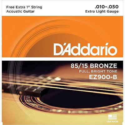 Encordoamento Violão D'Addario 010-050 EZ900-B Extra Light 85/15 Bronze - com corda extra