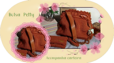 Bolsa Tub em croche, fecho tubular, alça milsta couro e elos, acompanha carteira com porta cartão