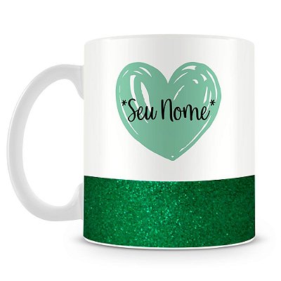 Caneca Personalizada Base Glitter Verde - Coração (Com Nome)