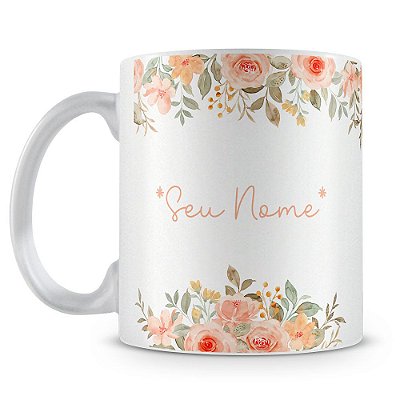 Caneca Personalizada Perolada Branca - Flores (Com Nome)