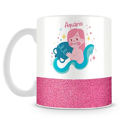 Caneca Personalizada Base Glitter Rosa - Signo Aquário