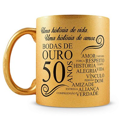 Caneca Personalizada Perolada Dourada - Bodas de Ouro (Com Nome)