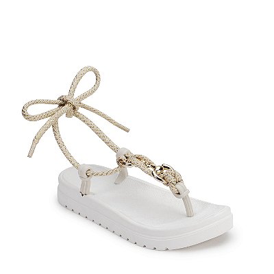 Sandália papete feminina flatform branca/offwhite com fios cor de ouro de amarrar com detalhes em metal