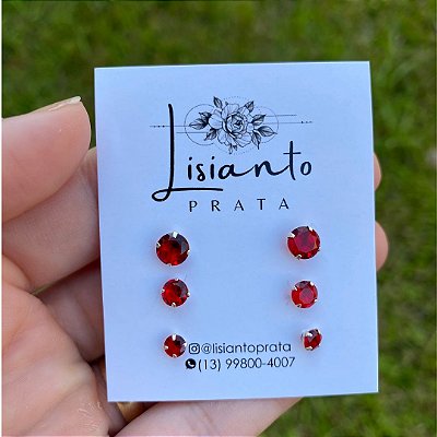 Trio de Zircônia Redondo Vermelho 4/5/6mm - Prata 925