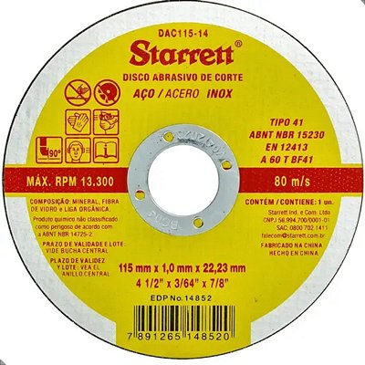 Disco Abrasivo De Corte Para Materiais Ferrosos Diâmetro 115mm Starrett Excelente Qualidade Original