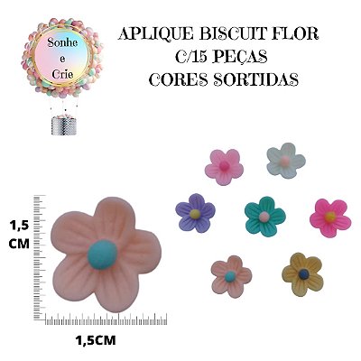 APLIQUE BISCUIT FLOR 1,5X1,5CM C/15 PEÇAS - CORES SORTIDAS