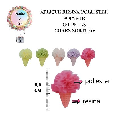 APLIQUE RESINA/POLIESTER SORVETE 3,5CM C/4 PEÇAS - CORES SORTIDAS