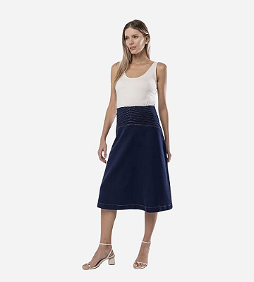 Saia Midi Jeans Malha Denim