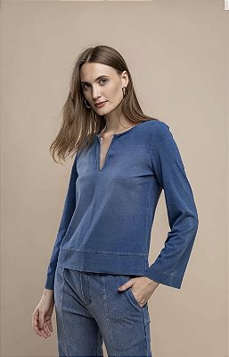 Blusa Manga Longa Jeans Malha